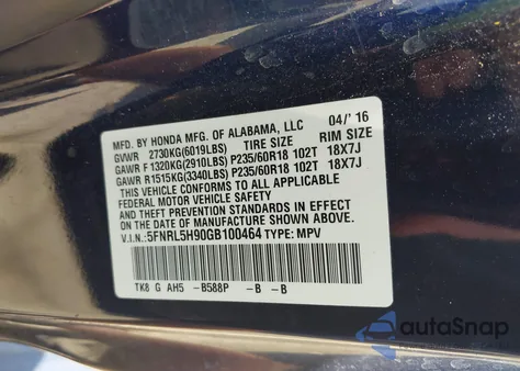 2016 Honda Odyssey Touring/Touring Elite z USA, uszkodzony, nr VIN 5FNRL5H90GB100464